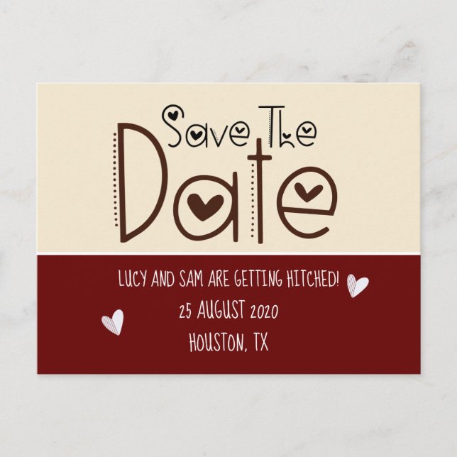 Modern Burgundy Cream Save the Date Wedding Announcement Postcard (Front)