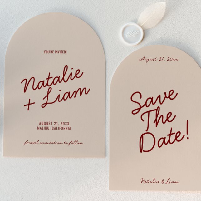 Modern Burgundy Cream Whimsical Arched Wedding Save The Date (Creator Uploaded)