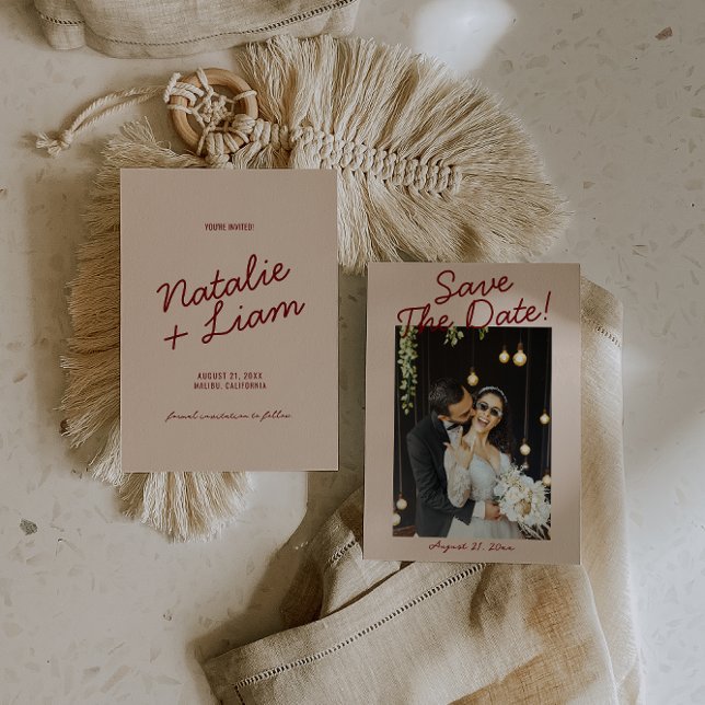 Modern Burgundy Cream Whimsical Photo Wedding  Save The Date (Creator Uploaded)