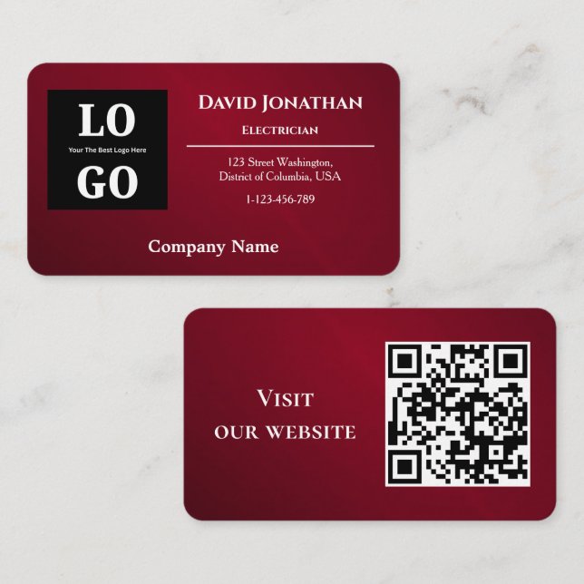 Modern Burgundy Custom Logo and QR Code  Business Card (Front/Back)