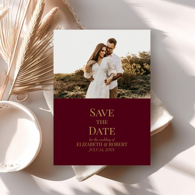 Modern Burgundy Custom Photo Save the Date Card (Modern Burgundy Custom Photo Save the Date Card on neutral boho wedding table.)