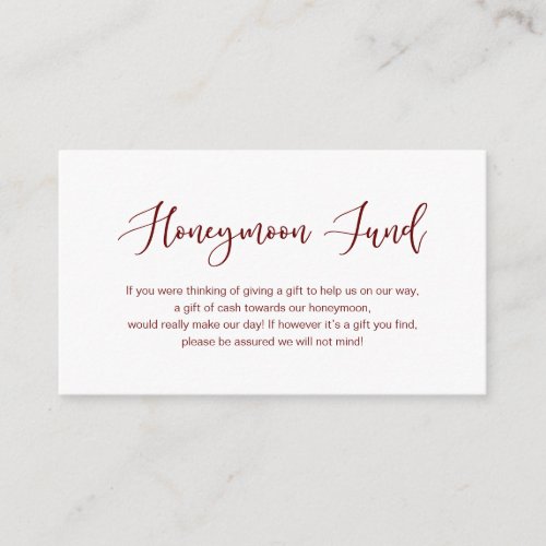 Modern Burgundy cute font Wedding Honeymoon Fund Enclosure Card