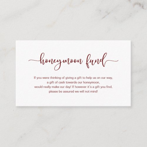 Modern Burgundy cute font Wedding Honeymoon Fund Enclosure Card