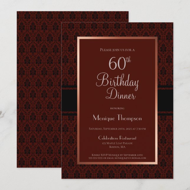 Modern Burgundy Damask 60th Birthday Dinner Party Invitation (Front/Back)