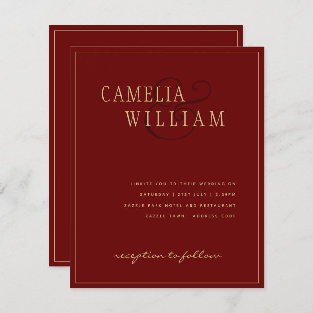 Modern Burgundy Deep Red Wedding Invitation Gold (Front/Back)