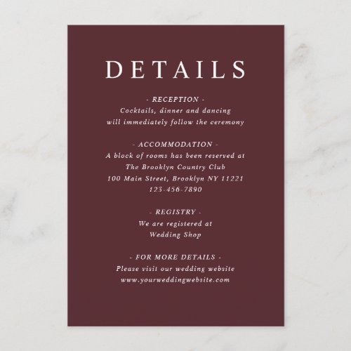 Modern Burgundy Dusty Blue Floral Wedding Details Enclosure Card
