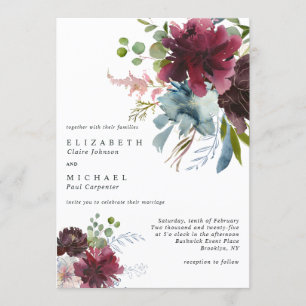 Modern Burgundy Dusty Blue Peach Floral Wedding Invitation