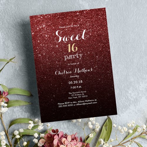 Modern burgundy elegant faux glitter Sweet 16 Invitation