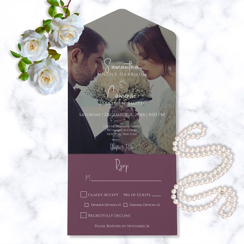 Modern Burgundy Elegant Photo Dinner All In One Invitation