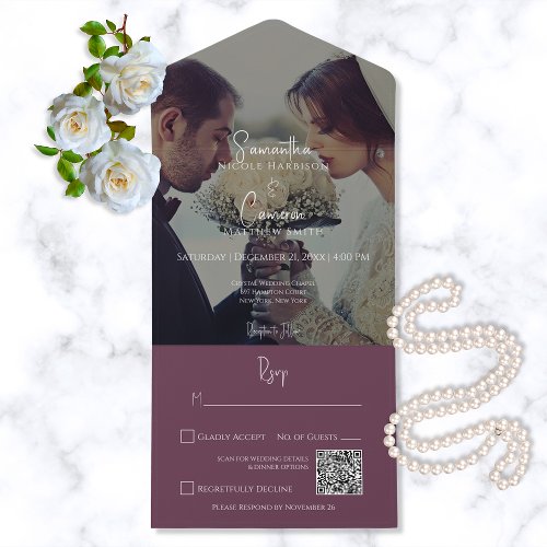 Modern Burgundy Elegant Photo QR Code All In One Invitation