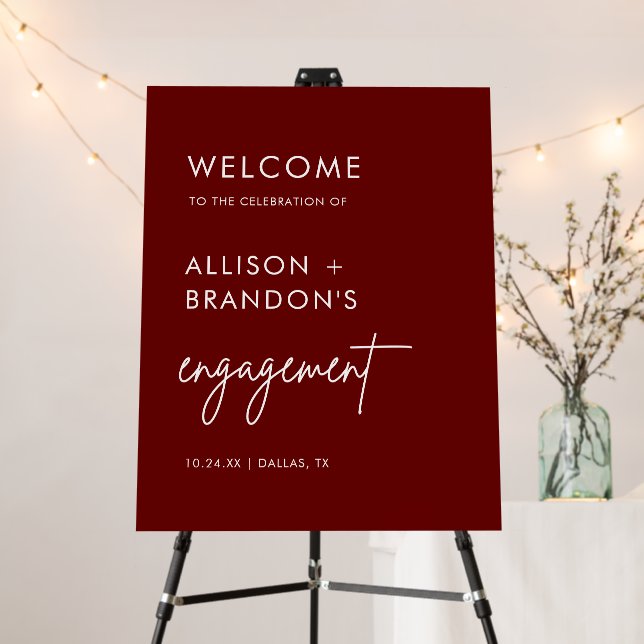 Modern Burgundy Engagement Party Welcome Sign (In Situ (Stand))