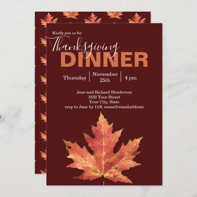Modern Burgundy Fall Leaf Thanksgiving Dinner Invitation (Front/Back)