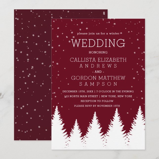 Modern Burgundy Falling Snow Winter Trees Wedding Invitation (Front/Back)