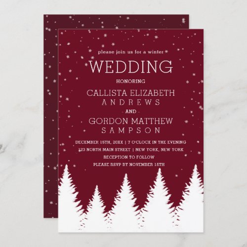 Modern Burgundy Falling Snow Winter Trees Wedding Invitation