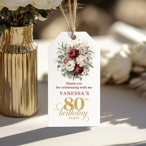 Modern Burgundy Floral 80th Birthday Favor Tags