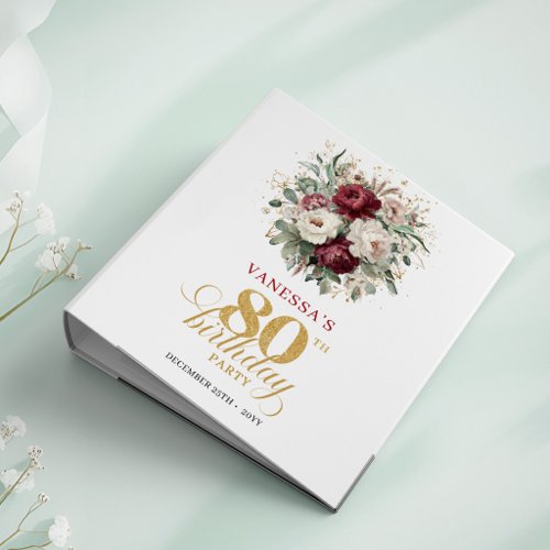 Modern Burgundy Floral 80th Birthday Memory Album 3 Ring Binder