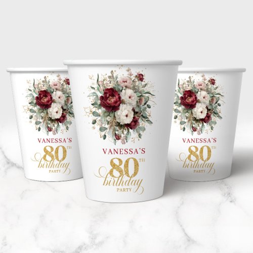 Modern Burgundy Floral 80th Birthday Paper Cups