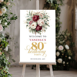 Modern Burgundy Floral 80th Birthday Welcome Sign