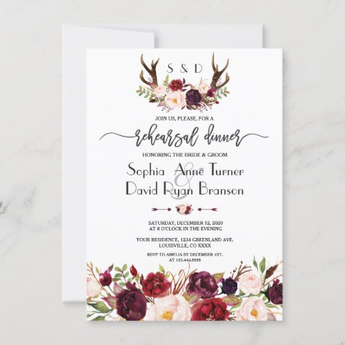 Modern Burgundy Floral Antlers Rehearsal Dinner Invitation