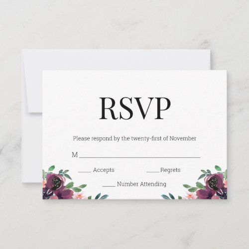 Modern Burgundy Floral Black Gold Monogram RSVP