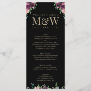 Modern Burgundy Floral Black Gold Monogram Wedding Menu