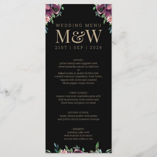 Modern Burgundy Floral Black Gold Monogram Wedding Menu