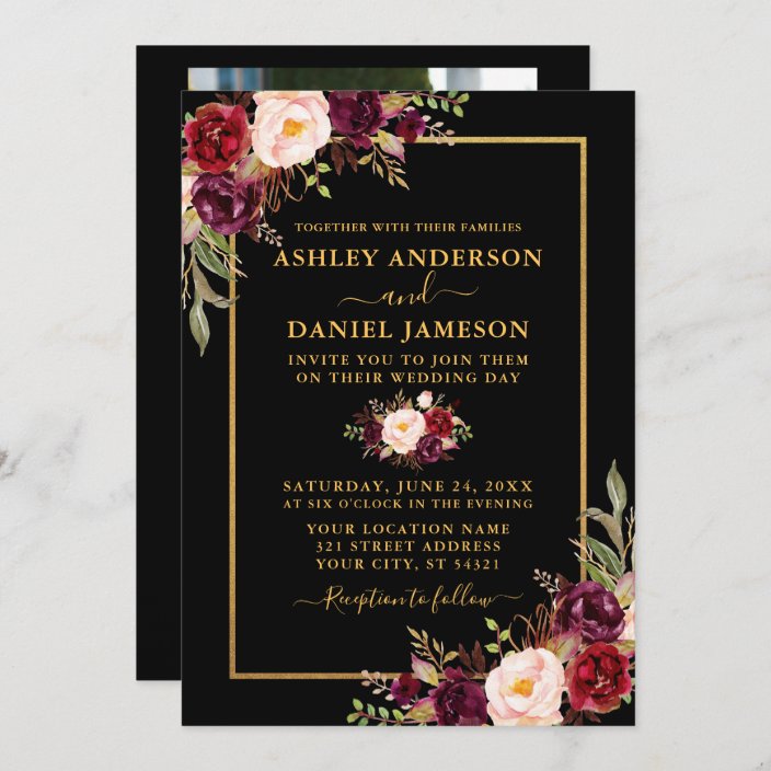 Modern Burgundy Floral Black Gold Photo Wedding Invitation | Zazzle.com