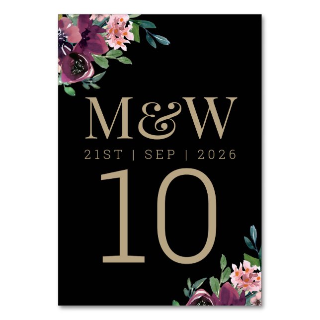 Modern Burgundy Floral Black Gold Wedding Table Number (Front)