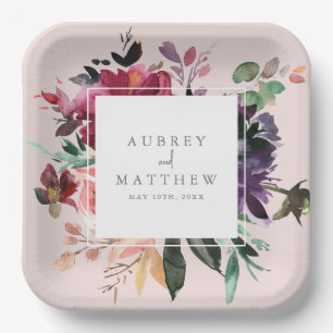 Modern Burgundy Floral Blush Pink Wedding Paper Plates