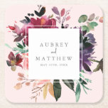 Modern Burgundy Floral Blush Pink Wedding Square Paper Coaster<br><div class="desc">Watercolor floral elements set over a lovely blush pink canvas, finished with elegant script calligraphy on a framed white inset... highlighting the bride and groom's names, and wedding date. The result is a gorgeous design array appropriate for both casual and elegant wedding motifs. Pair with matching products, for a complete...</div>