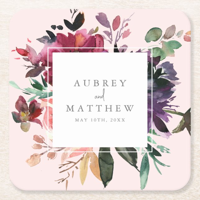 Modern Burgundy Floral Blush Pink Wedding Square Paper Coaster (Front)
