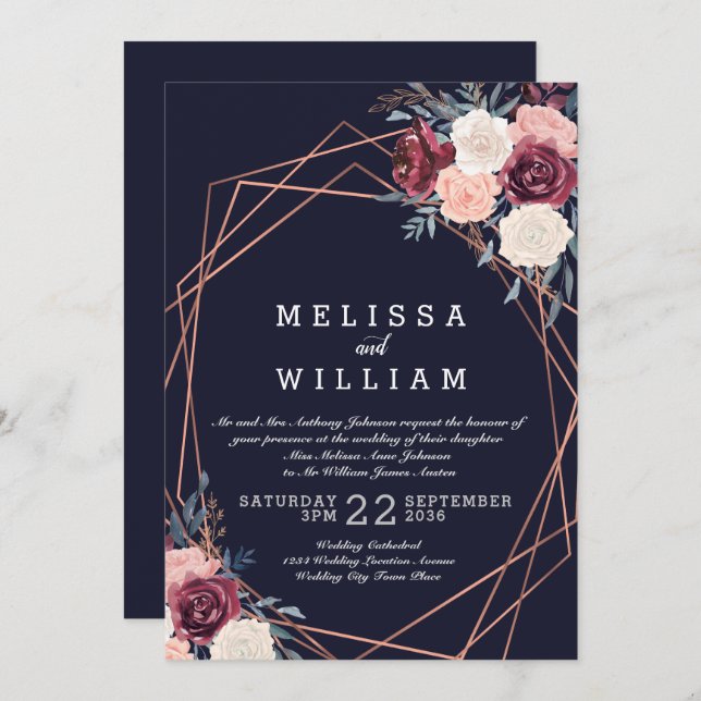 Modern Burgundy Floral Copper Navy Wedding Invitation (Front/Back)