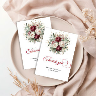 Modern Burgundy Floral Eucalyptus Gold Thank You Card