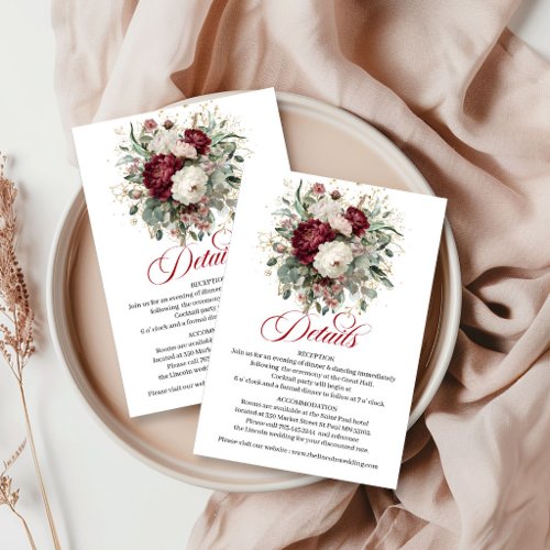 Modern Burgundy Floral Eucalyptus Gold Wedding  Enclosure Card