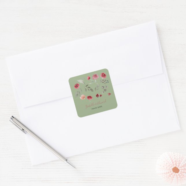 Modern Burgundy Floral Eucalyptus Leaves Wedding S Square Sticker (Envelope)