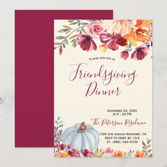 Modern Burgundy Floral Friendsgiving Invitations (Front/Back)