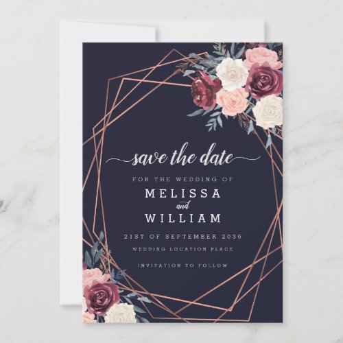 Modern Burgundy Floral Geometric Wedding Save The Date