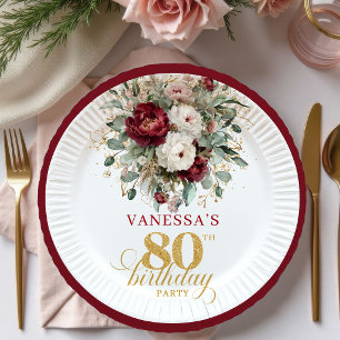 Modern Burgundy Floral Gold 80th Birthday Paper  Plates