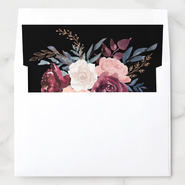 Modern Burgundy Floral Gold Black Envelope Liner (In Envelope)
