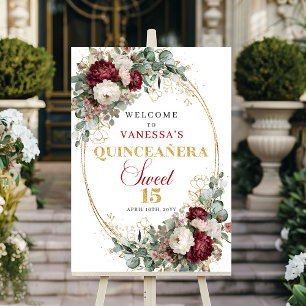 Modern Burgundy Floral Gold Boho Quinceanera Welco Poster