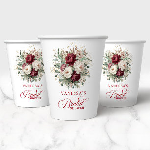 Modern Burgundy Floral Gold Bridal Shower Paper Cups