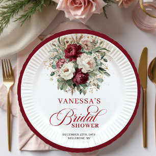 Modern Burgundy Floral Gold Bridal Shower Paper   Plates