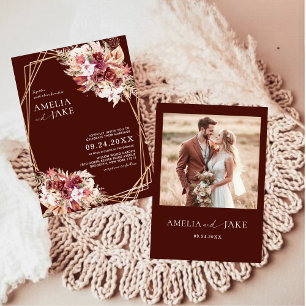 Modern Burgundy Floral Gold Geometric Wedding Invitation