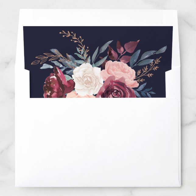 Modern Burgundy Floral Gold Navy Envelope Liner (In Envelope)