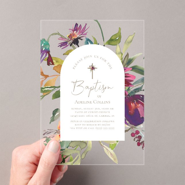 Modern Burgundy Floral Gold Script Elegant Baptism Acrylic Invitations (Insitu (Handheld))