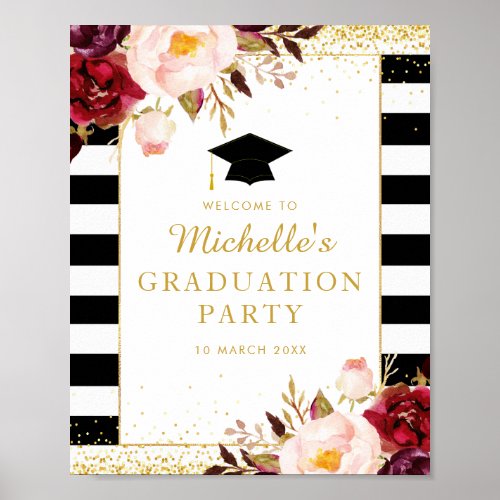 Modern Burgundy floral graduation welcome sign