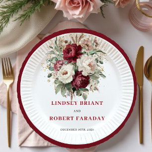 Modern Burgundy Floral Greenery Gold Paper Plates