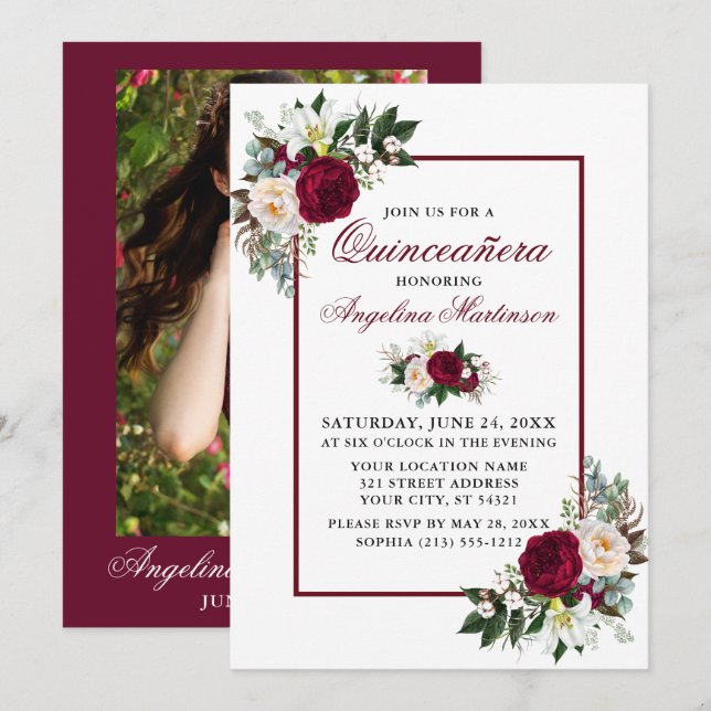 Modern Burgundy Floral Greenery Photo Quinceanera Invitation (Front/Back)