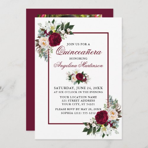 Modern Burgundy Floral Greenery Photo Quinceanera Invitation