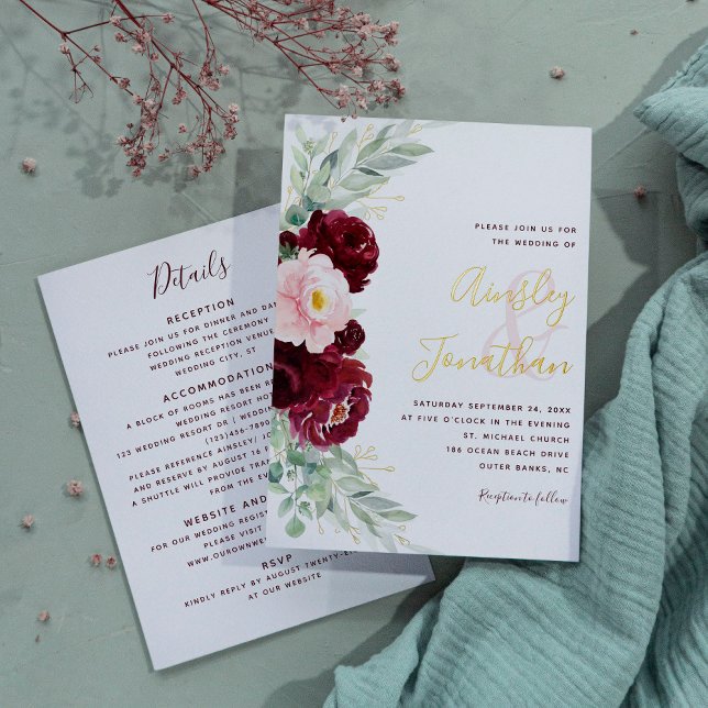 Modern Burgundy Floral Greenery Wedding All in One Foil Invitation (Creator Uploaded)